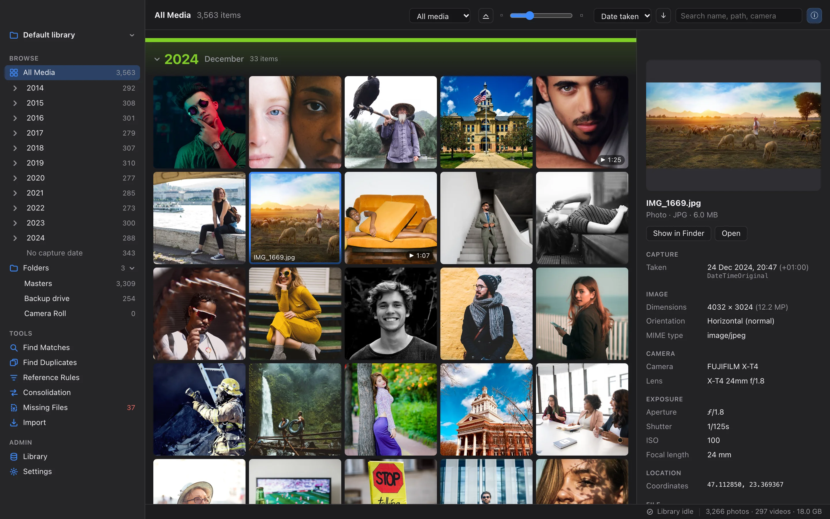 A selected photo with its capture, image, camera and exposure details in the inspector