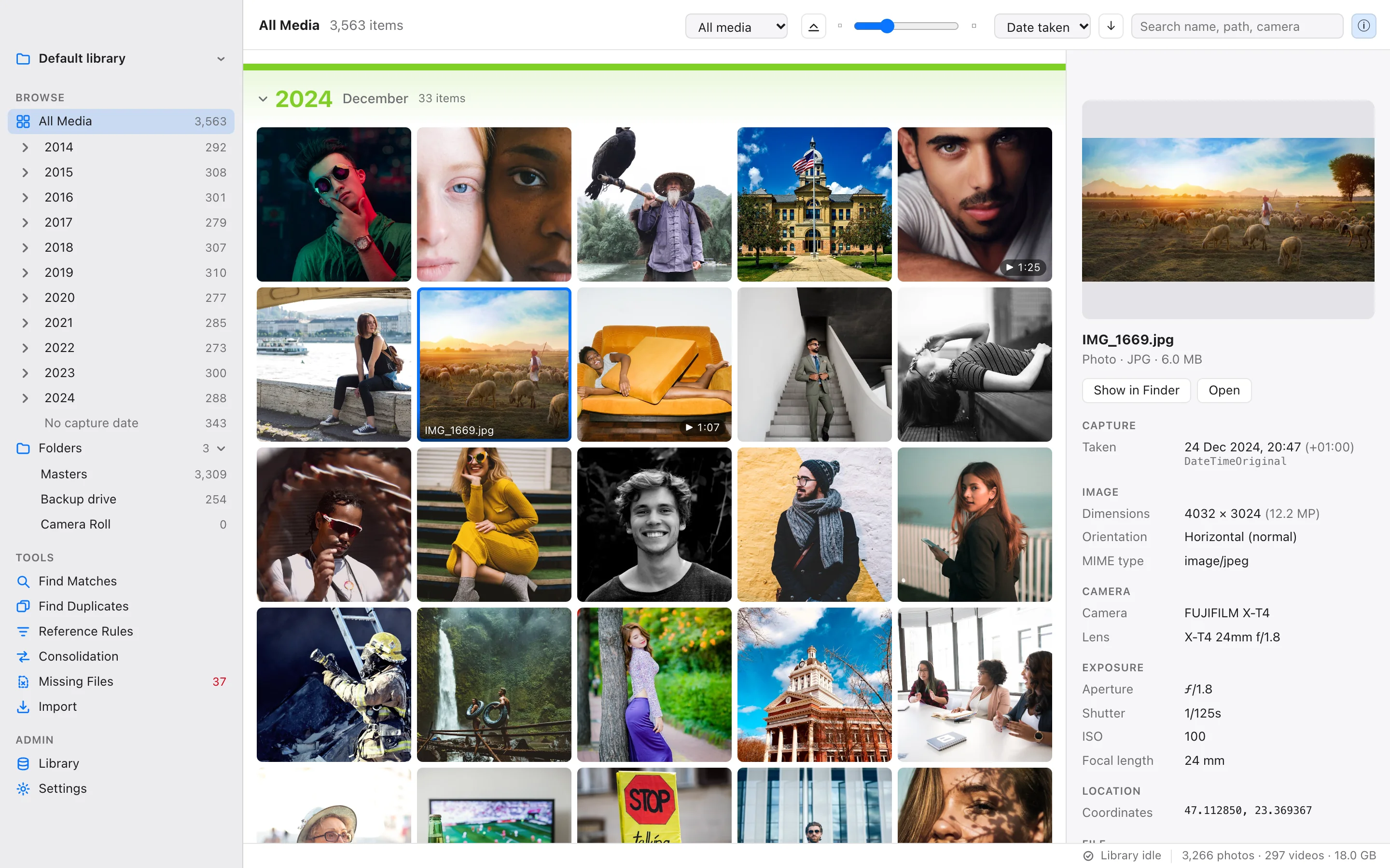 A selected photo with its capture, image, camera and exposure details in the inspector